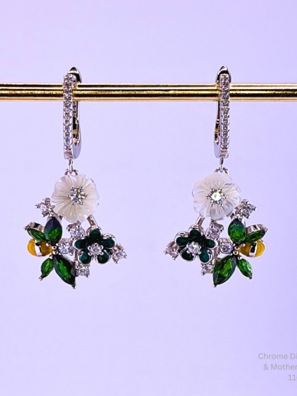 Handmade Jewelry Chrome Diopside Flower Earrings 14K White Gold Botanical